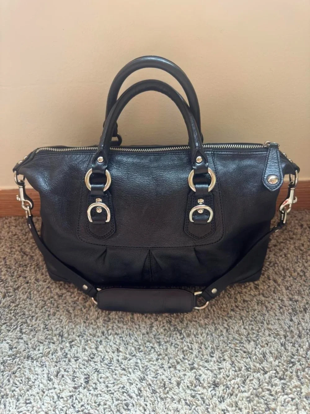 Coach Black Leather Satchel with Silver Hardware